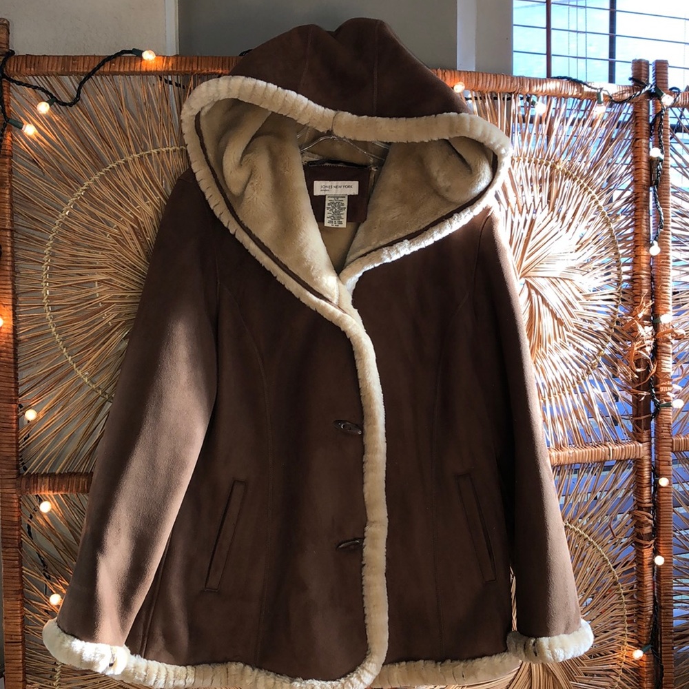Jones New York faux suede leather coat tan fur